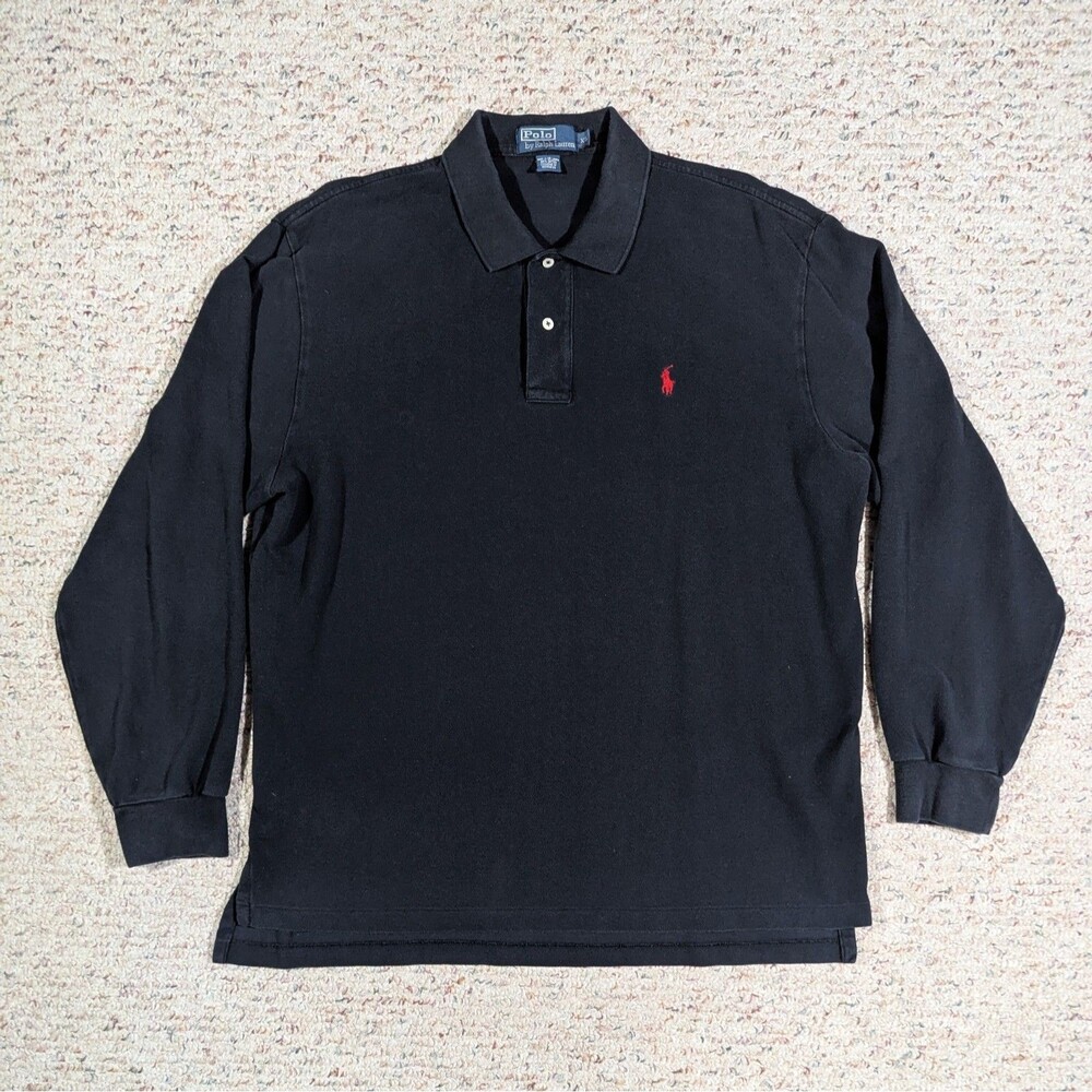 Polo by Ralph Lauren Shirt Mens XL Black w/Red Pony 2-Button Long Sleeve Cotton